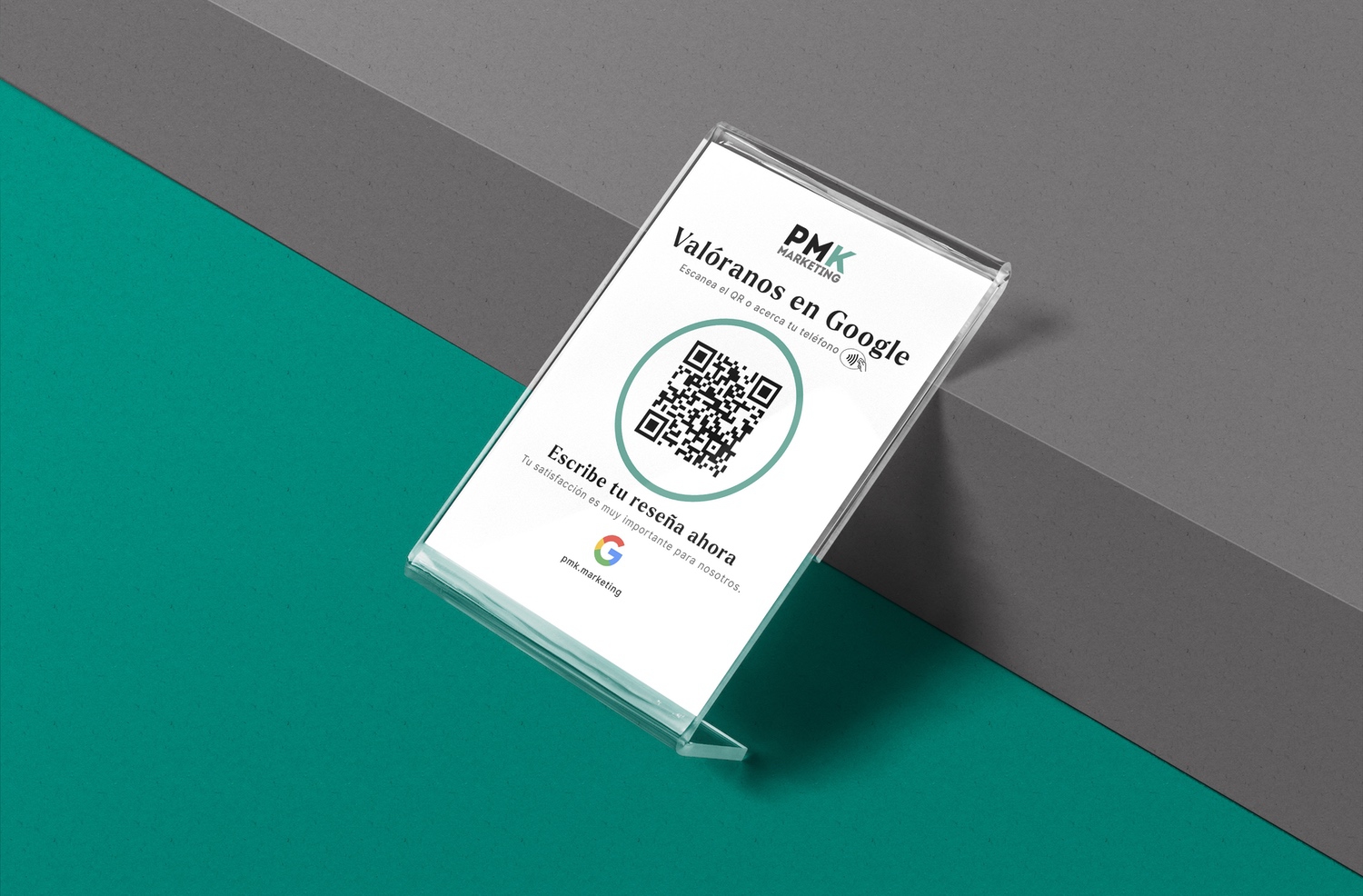 Stand con NFC y QR para reseñas de Google